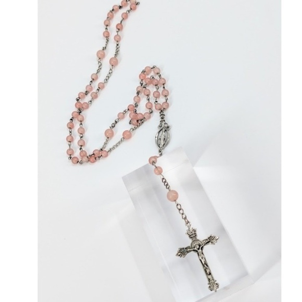 VTG Pink Bead Rosary Miraculous Medal Virgin Mary Silver Tone Crucifix Necklace - Picture 11 of 11